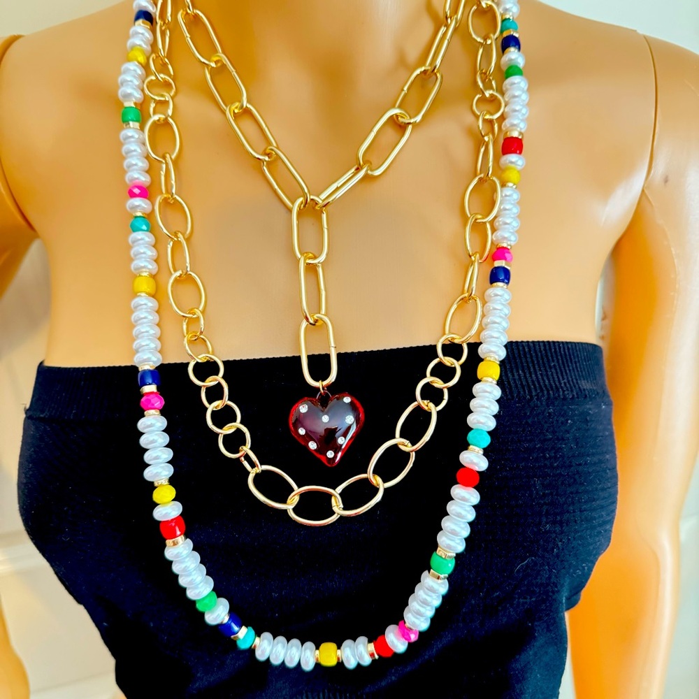 New Natasha Multi Row Pearl Chain Heart Long Multi Strand Beaded Necklace - Picture 4 of 7
